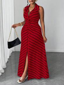 Maweii 大码女式休闲条纹针织扭结设计连衣裙 - 紅色 - 查看 5