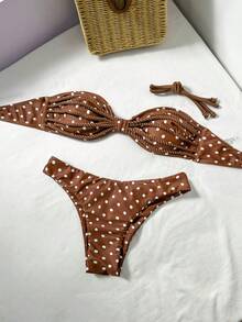 Swim Vcay 2件套纯色绳饰抹胸比基尼上衣和高衩泳裤性感泳装套装，春夏款 - 彩色 - 查看 3