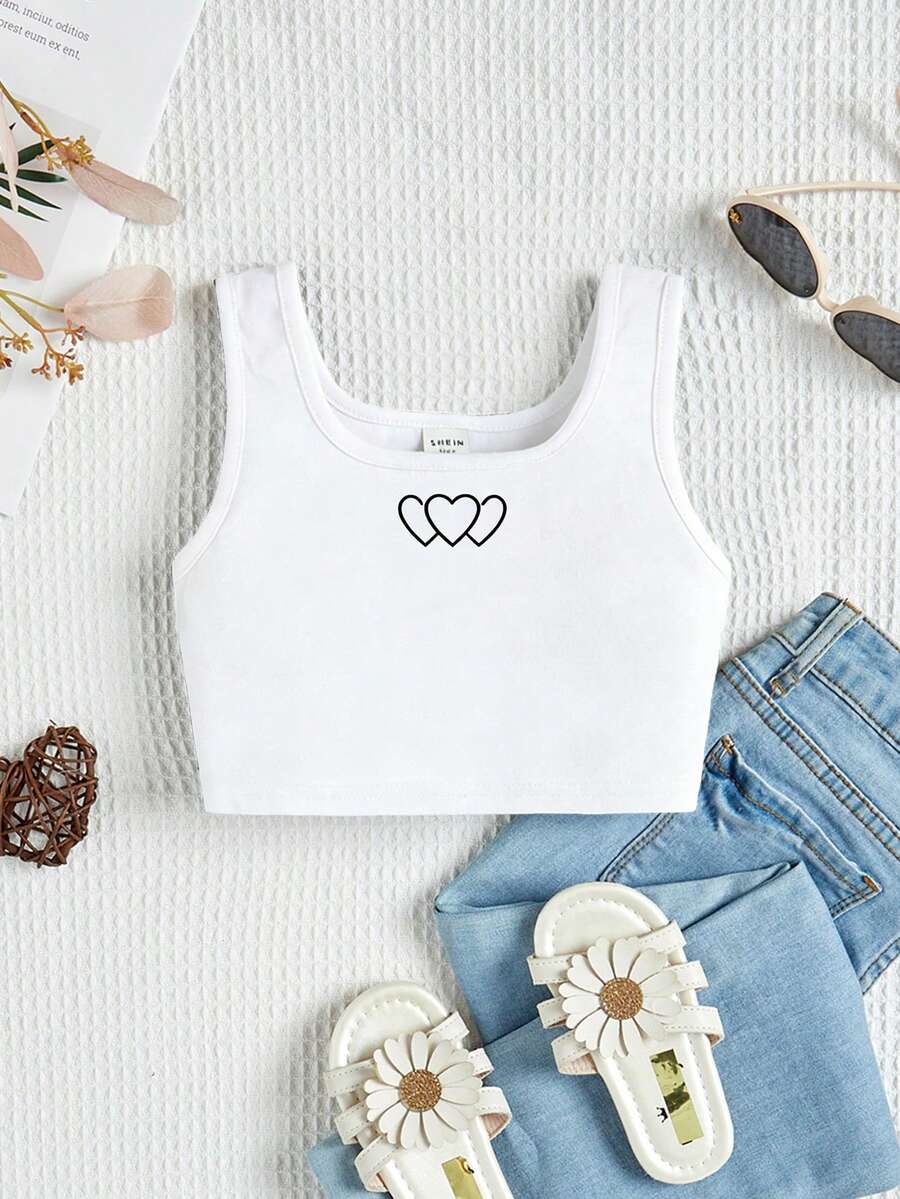 女童休闲卡通图案圆领无袖上衣，适合夏季穿着 - 白色 - 查看 1