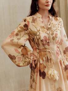 Anewsta Women's Floral Print Ruffle Decor Cinched Waist Maxi Dress, Elegant Casual Long Dress, Spring/Summer Resort Wear, Luxury Abaya Style - Yellow - View 5