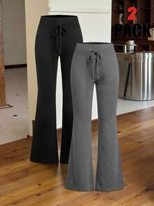 SHEIN EZwear 2 chiếc quần dài ống loe cạp chun rút dây mới cho nữ, thích hợp cho các hoạt động ngoài trời - màu đen - Xem 5