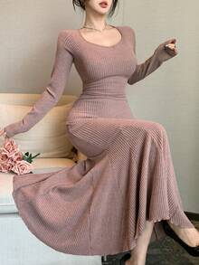 DAZY 女士优雅纯色修身中长鱼尾连衣裙，秋冬款