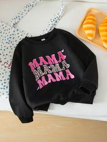 SHEIN Genkimix Kids Young Girls Casual Pink & Black Letter Slogan Print Long Sleeve Sweatshirt, Spring/Summer/Autumn/Winter - Black - View 1