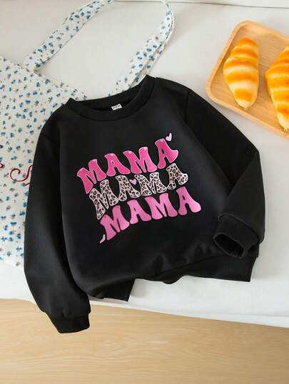 SHEIN Genkimix Kids Young Girls Casual Pink & Black Letter Slogan Print Long Sleeve Sweatshirt, Spring/Summer/Autumn/Winter