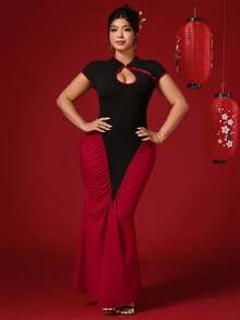 Elenzga Đầm dài cổ đứng khoét nút kiểu Trung Hoa thanh lịch gợi cảm cỡ lớn cho nữ cỡ lớn - Nhiều màu - Xem 6