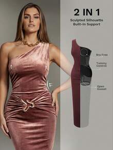 Nuvra 女士无袖双层塑身连衣裙，带衬里，收腹提臀，长款紧身连衣裙 - 咖啡 - 查看 4