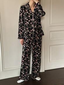 Napfluff Floral Print Lapel Long Sleeve Pajama Set - Matte Black - View 7
