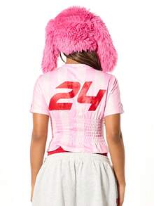 SUMWON WOMEN Striped Shirred Football Jersey Crop Top With Short Sleeves And Crew Neck Athletic Number Print - Pink - View 2