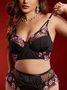 Spicy Aura Plus Size Premium Dual-Color Embroidered Splice Milk Silk Bra, With Steel Rings, 3-Row Back Hooks, And Side Boning For Sexy Lingerie - Black - View 2