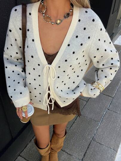 Livesso Women's Polka Dot Tie Front Casual Cardigan, Winter