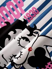 Betty Boop x SHEIN 女士休闲条纹卡通图案撞色滚边短袖T恤，夏季 - 白色 - 查看 4