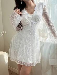 Feyla Đầm ngắn dự tiệc và ngày lễ tay dài phối ren chắp vá thanh lịch, thắt eo cho nữ - trắng - Xem 1