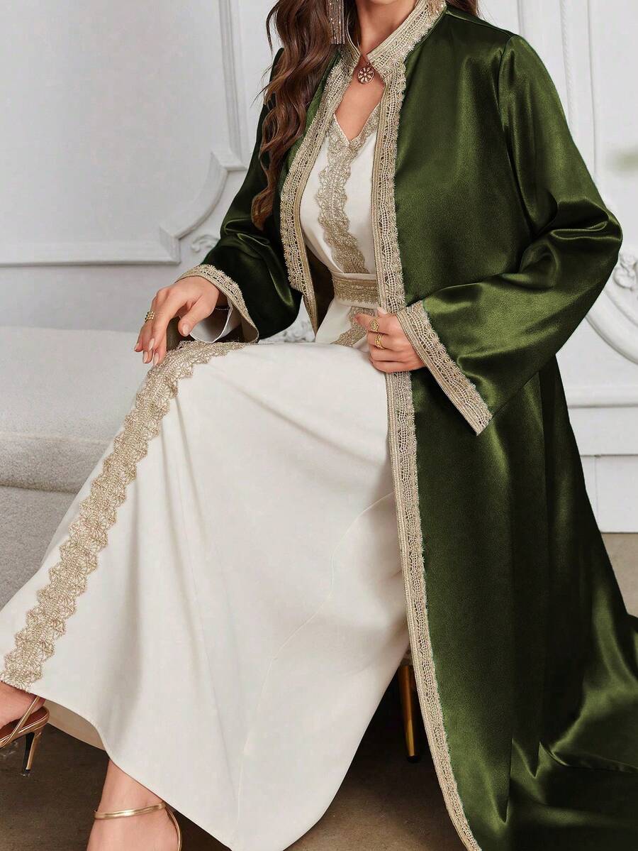 Al Najma Váy chắp vá ren thấm nước dành cho nữ kèm áo khoác ngoài, trang phục thời trang Hồi giáo Abaya mặc thường ngày/lễ hội/tụ tập/du lịch - Màu xanh Ô liu - Xem 1