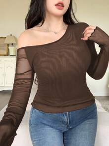 Modelyn Women's Black Solid Color Mesh Contrast Mesh Printed Asymmetric Ruched Plus Size T-Shirts - Coffee Brown - View 2