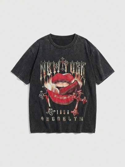 Street Life Große Größen Straßen-Punk Lippen-Muster Destroyed Große Größen T-Shirt