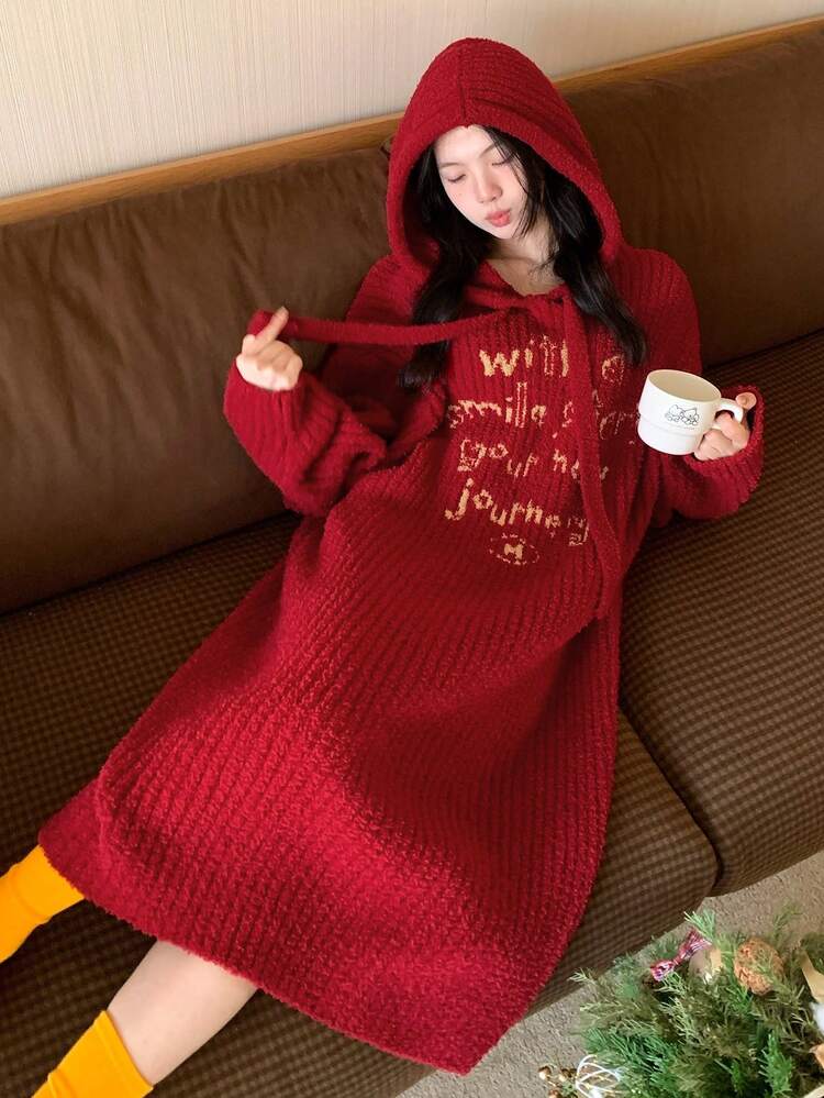 Loose Fit Graphic Hoodie Knit Nightgown For Women, Autumn/Winter