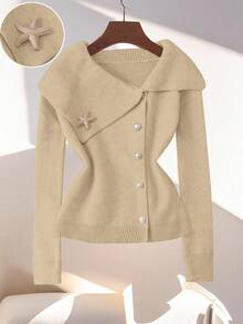 Franclia Elegant Metallic Starfish Button Cardigan With Oversized Collar, Waist Cinching Design, Flattering Fit - Inspired By European Fashion Blogger Styles - Khaki - View 5