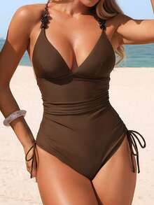 Shapewave 女士纯色吊带串珠装饰交叉露背抽绳腰身连体泳衣，优雅时尚，适合海滩度假 - 棕色 - 查看 5