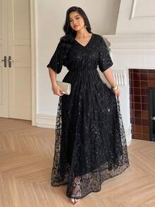 Dazy Plus Đầm maxi dài tay cổ chữ V họa tiết lá bằng chiffon dệt hoa thanh lịch dành cho nữ cỡ lớn, màu đen, thích hợp cho mùa xuân/hè, dự tiệc, lễ hội hoặc các dịp đặc biệt khác. - màu đen - Xem 8