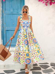 Vivid Eden Woven Printed Sleeveless Ankle Length Summer Dress For Women,Women Summer Clothing,Vacation Style,For Beach Vacation