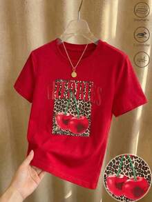 Camiseta de manga corta con cuello redondo, adornada con estampado, para ropa de Año Nuevo, camisetas gráficas para mujeres - Rojo - Ver 1