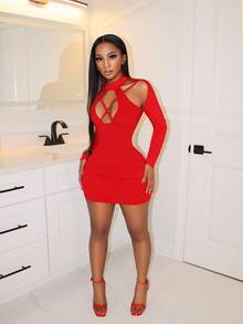 BamGleam 女士时尚性感纯色镂空长袖迷你连衣裙 - 紅色 - 查看 3