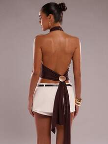 SHEIN BAE Women's Solid Color Plunging Neckline Sleeveless Backless Fitted Cropped Tank Top - Coffee Brown - View 7