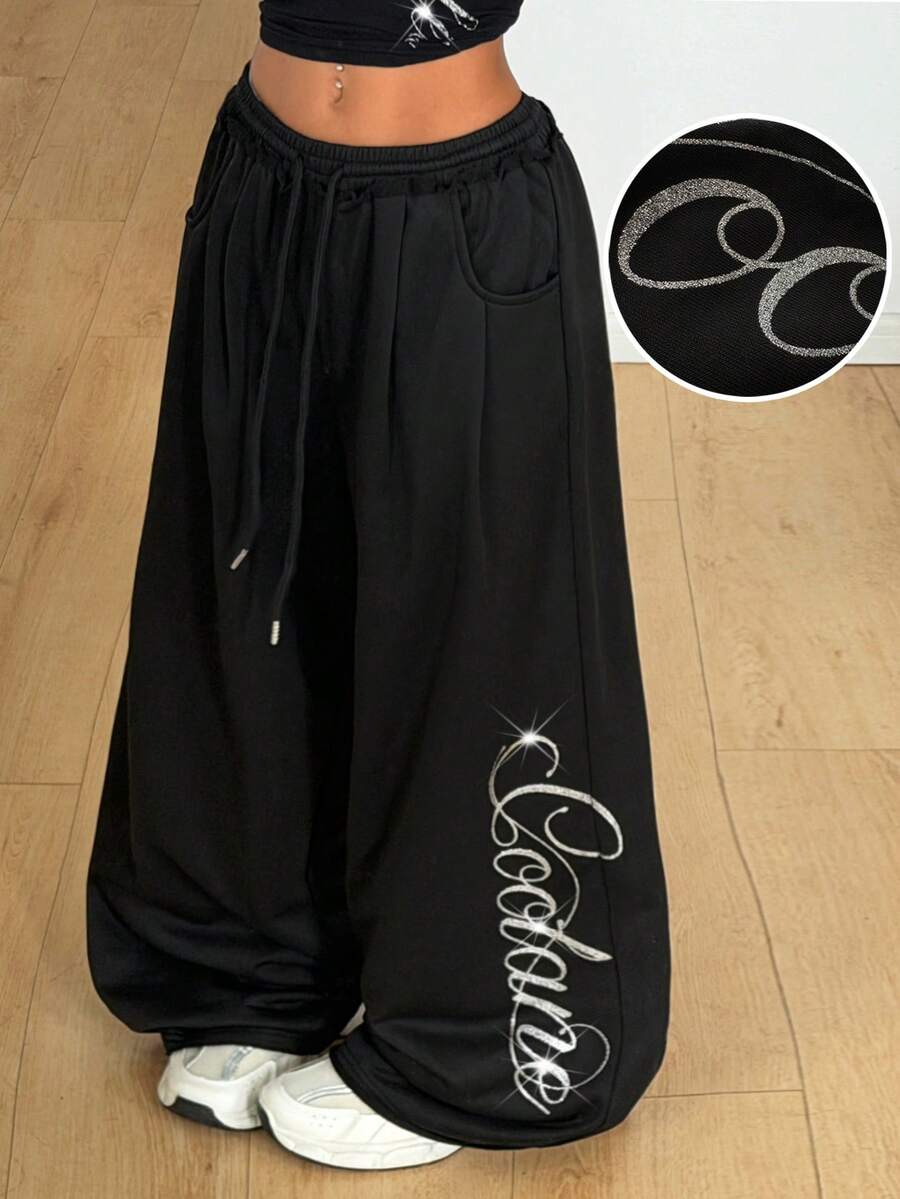 Coolane 女士夏季街头服饰外出休闲运动基本款法国灰色松紧腰直筒裤 - 黑色 - 查看 1