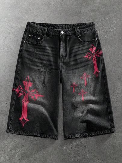Street Life Herren Kreuz-Muster Dunkel-Farbige 7/8 Länge Denim Shorts