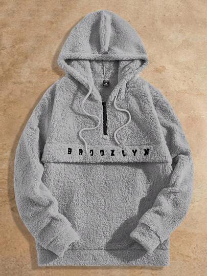 Manfinity NXTstreet 男士休闲字母刺绣抓绒连帽衫，秋冬季毛绒连帽衫，冬季连帽衫，男士套头连帽衫，休闲灰色连帽衫，男士长袖上衣