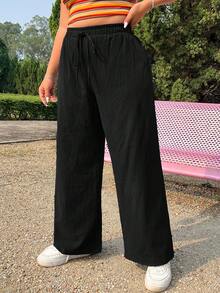 Comfortcana Plus Size Women Simple Solid Color Wide Leg Summer Pants - Black - View 15