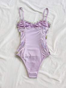 Soleia Purple Mesh Embroidered Green Fishbone Bodysuit For Women, Sexy Vacation Lavender Swimsuit Flower Swimsuit Purple Bathing Suit Lavender One-Piece Embroidered Swimsuit Summer Spring Valentine's Day Casual Vacation  Beach Wedding Birthday Going Out Elegant Casual Vacation Cut Out Swimsuit Summer Spring Valentine's Day Casual Vacation  Beach Wedding Birthday Going Out Elegant Casual Vacation - Multicolor - View 2