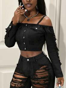 Slaydiva Women's Single-Breasted Distressed Long Sleeve Cropped Denim Jacket, Fashionable Versatile Vacation Party Off-Shoulder
