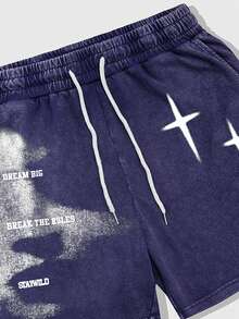 ROMWE MEN Street Life Men's Letter Print Drawstring Waist Pocket Loose Casual Shorts - Blue - View 3