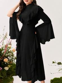 Modelyn Ruffle Flare Sleeve Long Fitted Dress For Women - Black - View 5