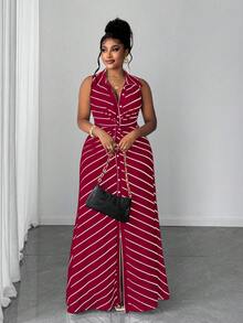 Maweii Plus Size Women Casual Striped Knit Twist Design Dress