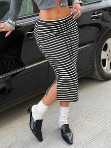 SHEIN EZwear 條紋圖案開衩側腰部抽繩半身裙