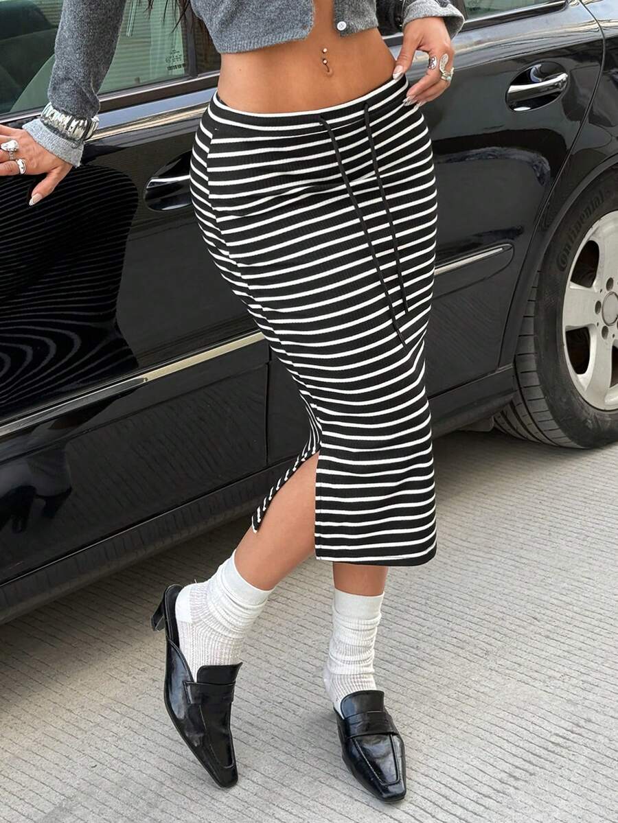SHEIN EZwear 條紋圖案開衩側腰部抽繩半身裙