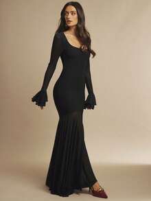 Silquee Váy dài tay bèo nhún cổ vuông màu đỏ tía gợi cảm thanh lịch, thích hợp cho những buổi hẹn hò lãng mạn, đám cưới, tiệc tùng, mặc hàng ngày, tiệc tùng, tụ tập, đi chơi đêm, câu lạc bộ đêm, sự kiện cocktail - màu đen - Xem 7