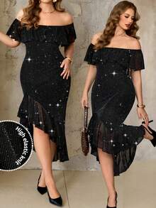 Roveilla 大码女装新款优雅浪漫连衣裙，生日礼服，派对礼服，晚礼服，裹身紧身连衣裙，冬季派对圣诞礼服，露背连衣裙，露肩连衣裙 - 黑色 - 查看 10