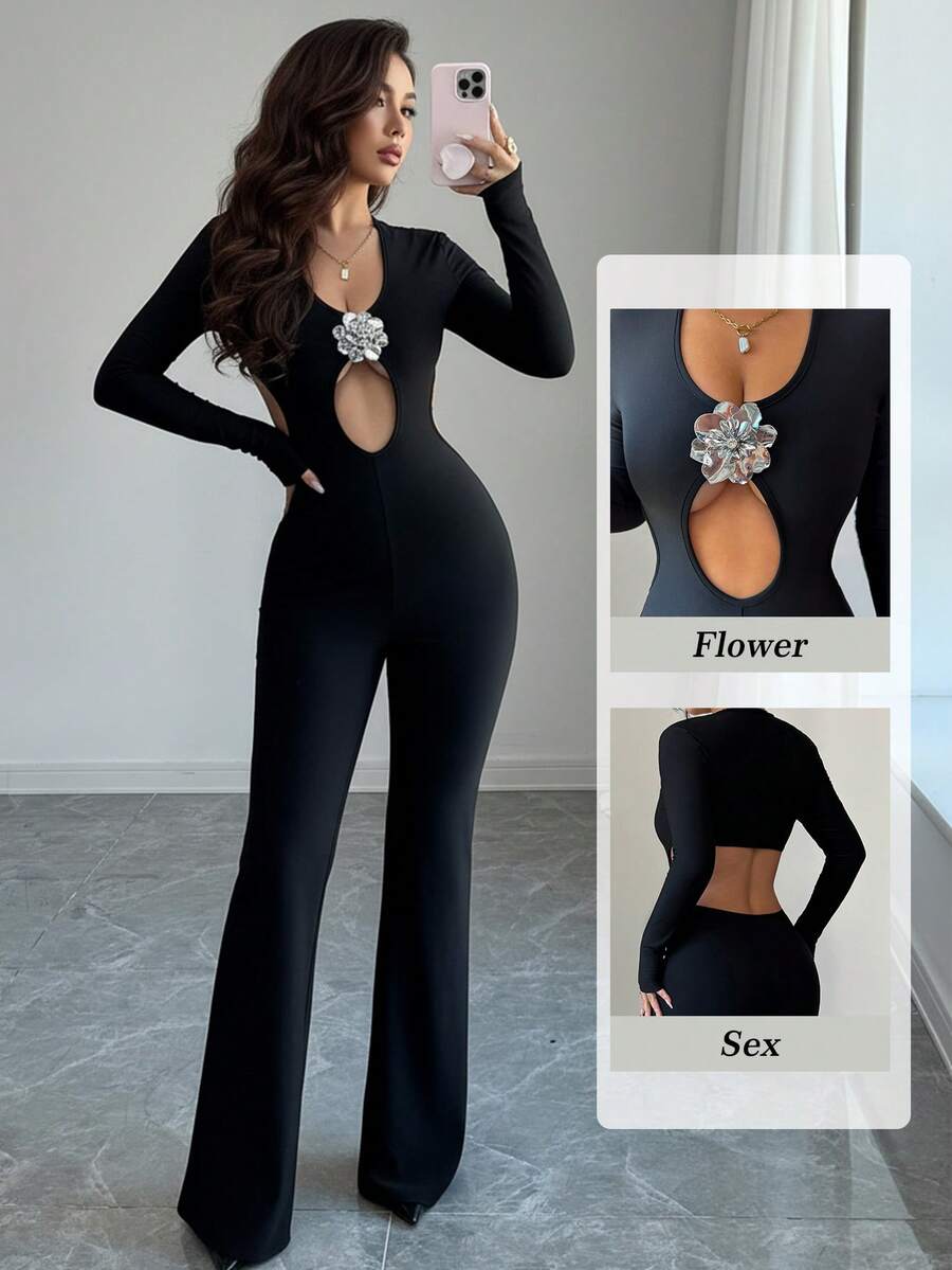 Rafferiza Sexy Fashion Long Sleeve Cropped Metallic Decor Jumpsuit, Suitable For Autumn/Winter Party - Black - View 1