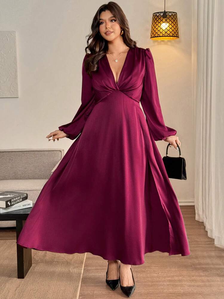 Vionelle Sukienka damska w dużym rozmiarze, nowa, z głębokim dekoltem w serek i długim rękawem, z węzłem, elegancka, formalna, wieczorowa, romantyczna, z wysokim rozcięciem - Burgund - Zobacz 5