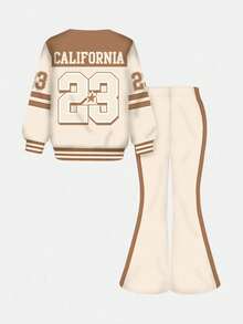 Tween Girl Retro American College Style Knit Crew Neck Letter Graphic Loose Sweatshirt And Flare Leg Pants 2 Pieces Casual Set - Multicolor - View 2