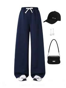 SHEIN 1 pieza Pantalón de pierna recta de unicolor para niña preadolescente, suave y cómodo, diseño simple fácil de combinar, adecuado para la escuela, actividades al aire libre y otoño/invierno - azul real - Ver 7