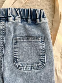 SHEIN Playful Pals Baby Girl Y2K Washed Blue Denim Hoodie Top And Jeans Pants Set, Fashionable Streetwear Casual Outfit For Outdoor, Party, Daily Wear - Medium Wash - View 10