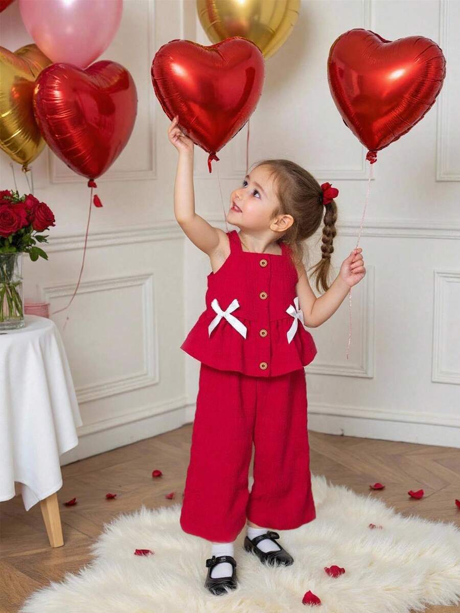 Elladie kids 2pcs Baby Girls Textured Jacquard Top Shirt And Pants Set, Sweet & Fashionable, Casual, Summer, New Arrival Red Two Piece Outfit Toddler Red Outfits For Baby Girl Toddler Co Ord Baby Girl Two Piece Set - Red - View 1