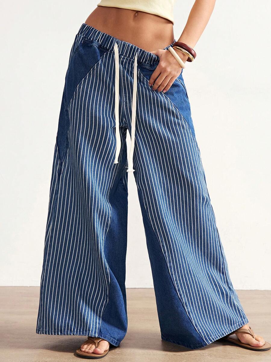 Bohemela 女士休闲宽松阔腿裤，条纹拼接设计 - 深色水洗藍 - 查看 1