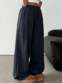 SHEIN Teen Girl Navy Blue Loose Casual Drawstring Pocket Wide Leg Sweatpants
