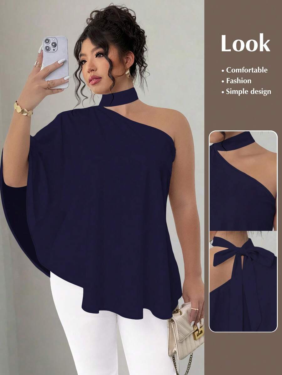 SHEIN Elenzya 大码斜领露背扎染印花衬衫 - 藏蓝色 - 查看 1