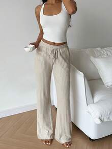 FavEase 女士纹理针织喇叭裤，带口袋和松紧腰带 - 杏色 - 查看 5